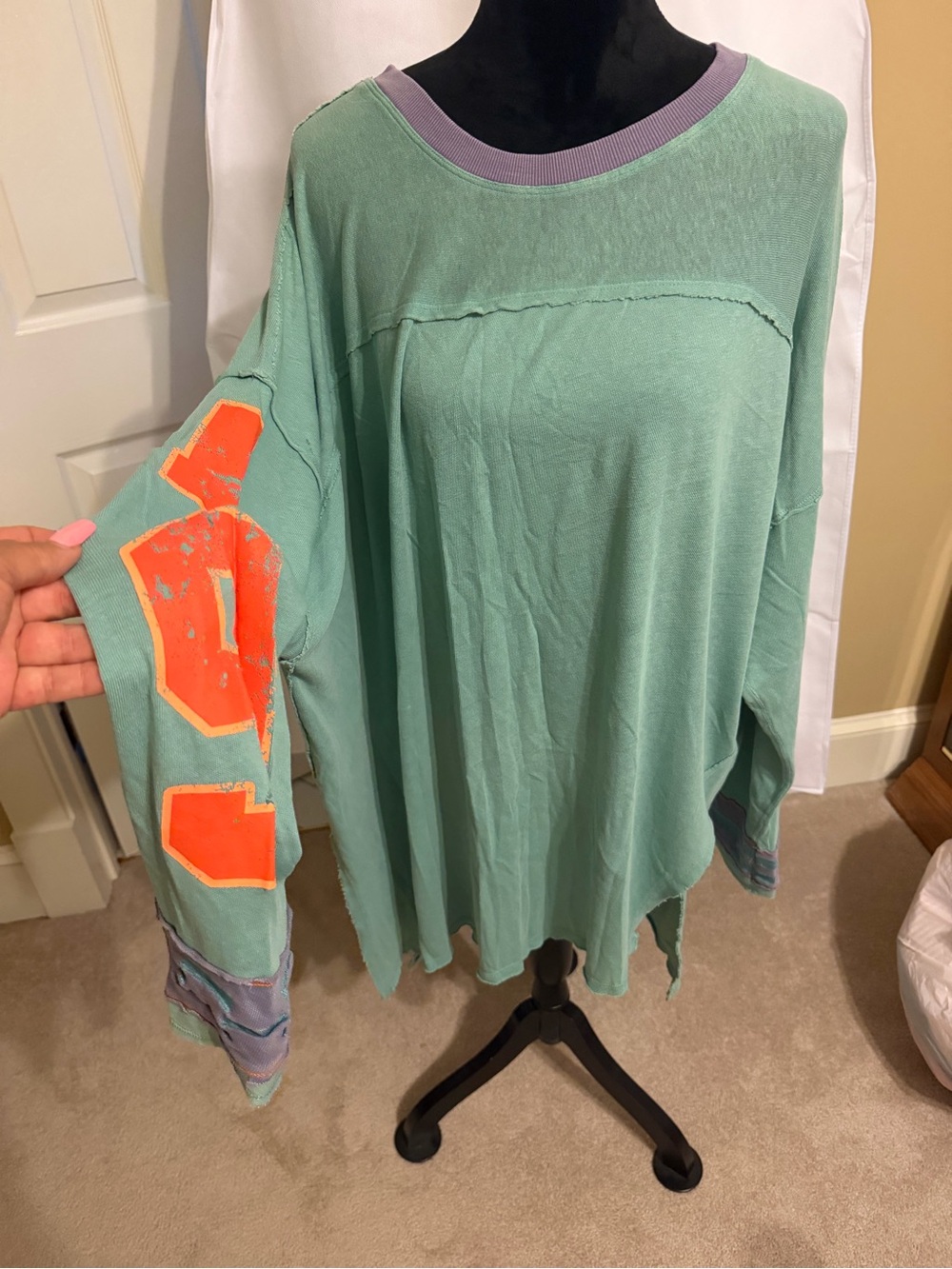 Relaxed Mint Long Sleeve Top with Coral Accent